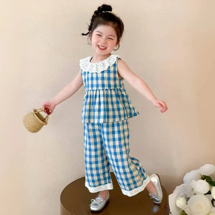 女童夏装套装2025新款韩版女宝宝格子短袖儿童阔腿裤子夏季两件套