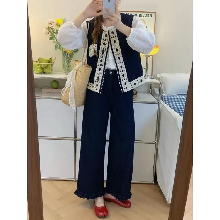 丹宁蓝木耳花边直筒裤女秋季新款胖mm小个子弹力腰显瘦九分牛仔裤