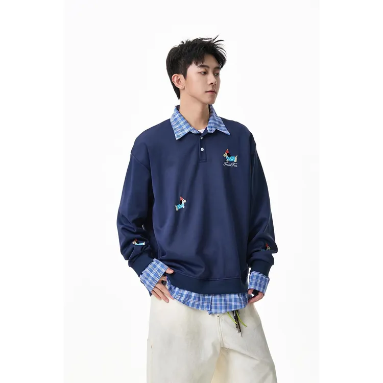 美式覆古小狗刺绣格子POLO领卫衣男学院风假两件宽松情侣套头上衣