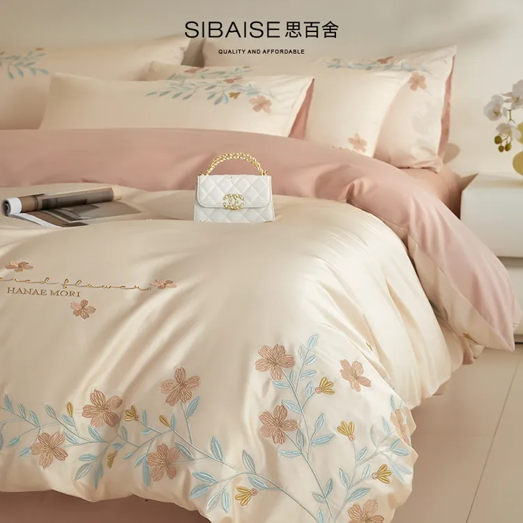 法式公主风长绒棉床上四件套全棉纯棉床单被套罩简约高端刺绣床品
