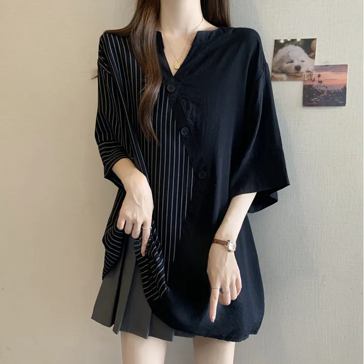 条纹拼接V领正肩短袖衬衫女2025春夏新款大码胖mm中长款半袖上衣