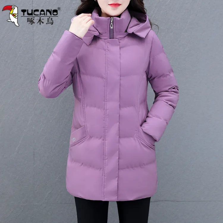 啄木鸟品牌可拆卸帽棉服中长款新款中老年冬装棉衣外套中年女棉袄