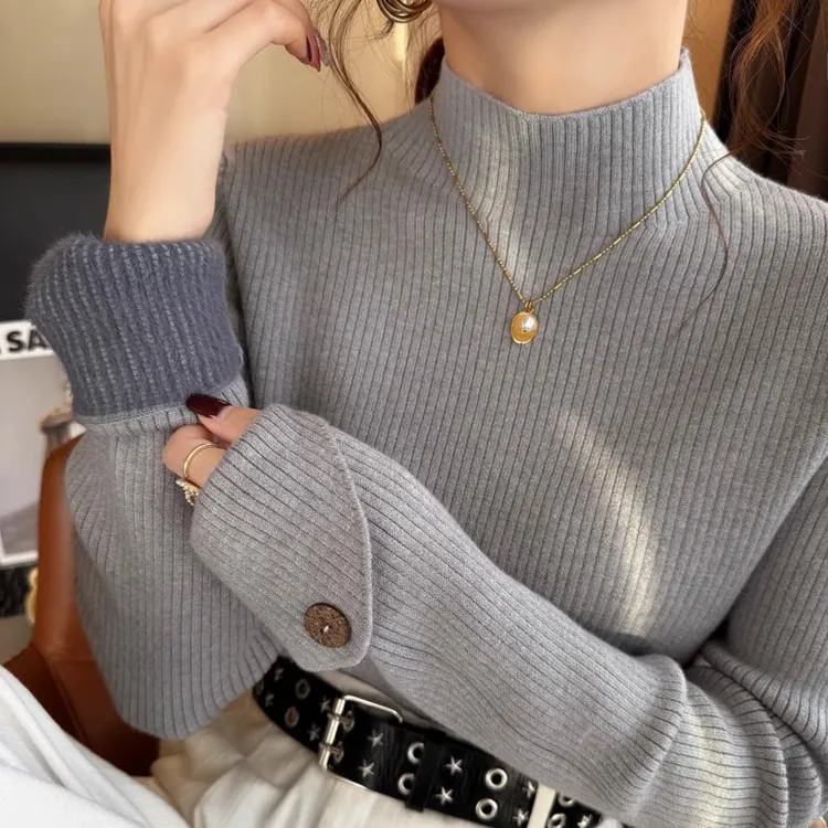 灰色半高领加绒加厚打底衫女内搭2025秋冬季新款毛衣保暖针织上衣