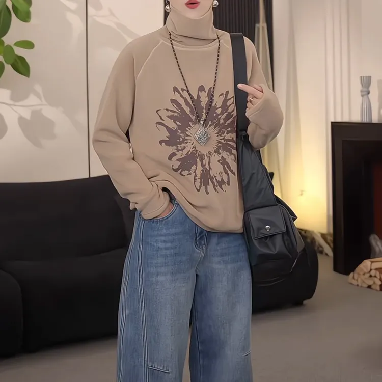 韩系印花高领长袖T恤女2025秋冬新款时尚百搭休闲显瘦宽松打底衫