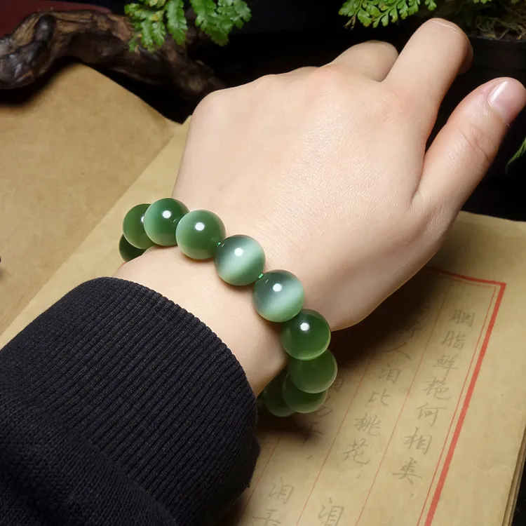 和田玉碧玉猫眼一线猫卡14毫米手串无包容