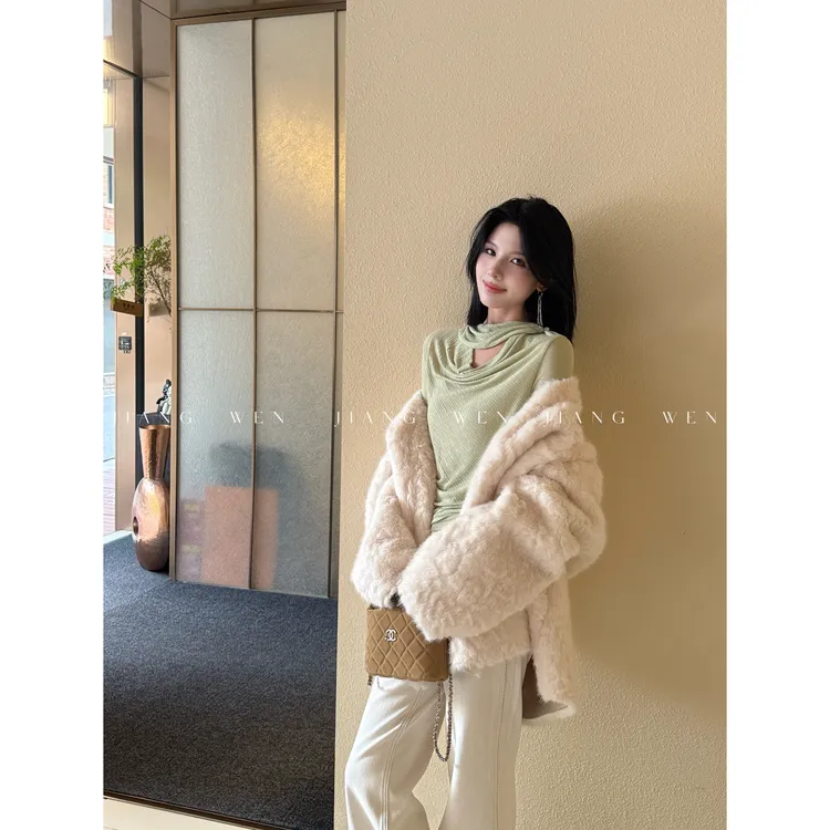 【抹茶TEE】挂脖荡领镂空长袖T恤