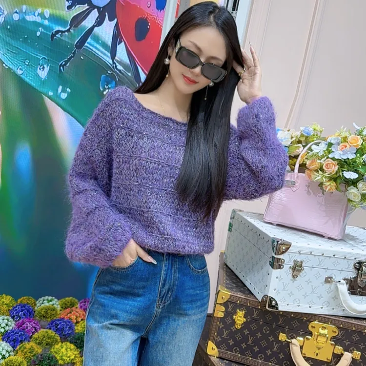 复古慵懒风紫色毛衣女秋冬季2025新款加厚宽松套头圆领针织衫上衣