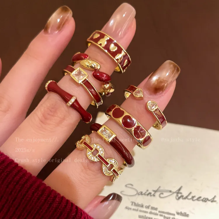 铜合金戒指 本命年红色爱心开口戒指女叠戴食指戒小众高级感指环