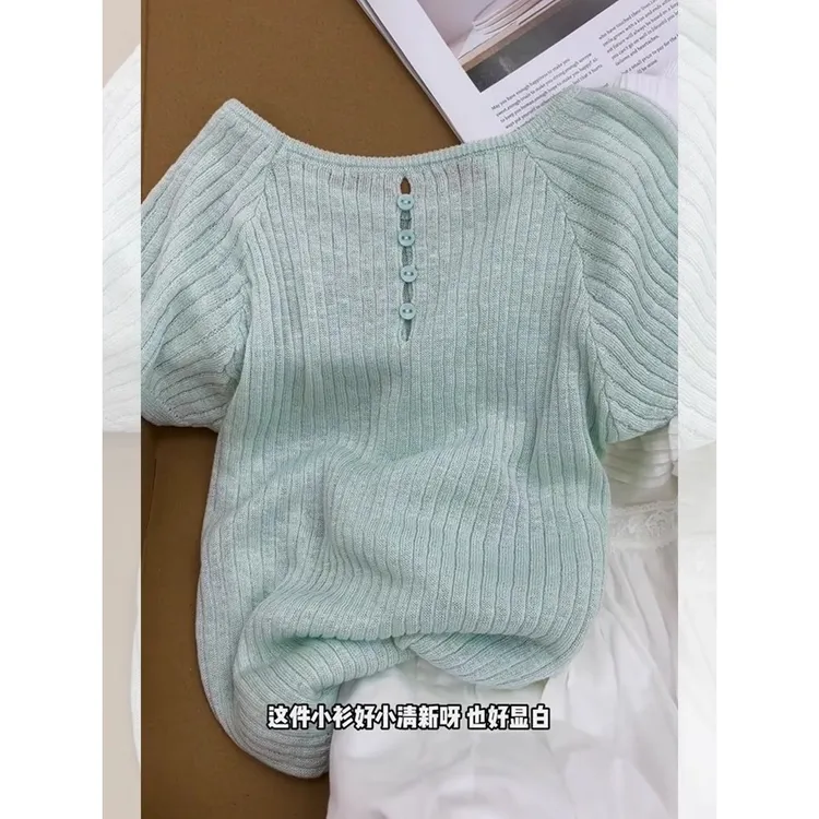 夏日绿色短袖冰丝透气薄款T恤女2025夏季韩风ins纯欲圆领针织上衣