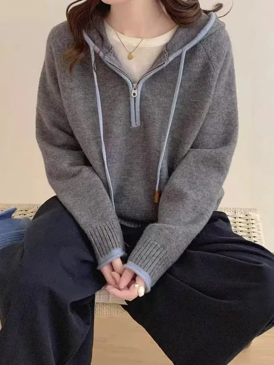 韩系秋冬新款高级感灰色半拉链连帽针织毛衣宽松慵懒风时尚外套女