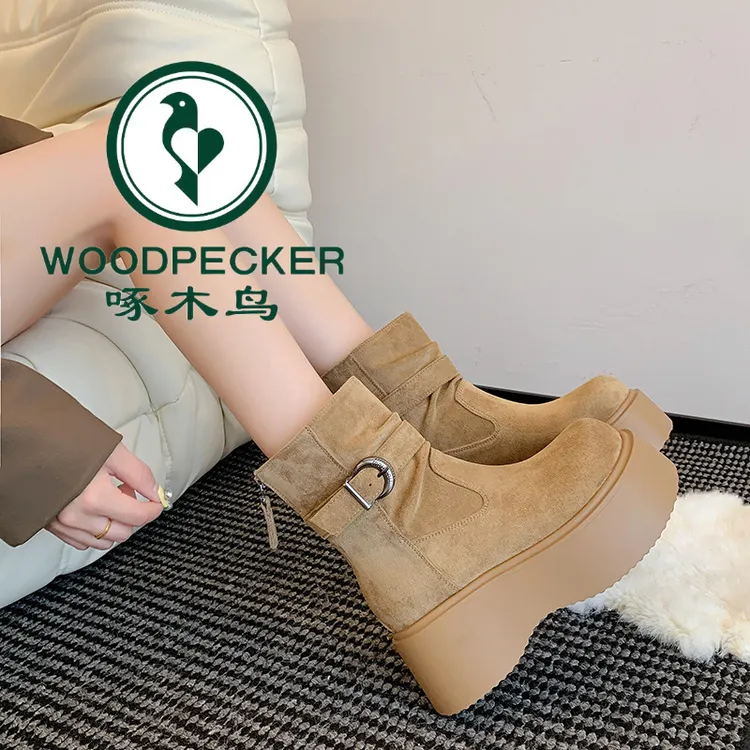 啄木鸟复古厚底增高靴子女款2025秋季新款百搭显瘦短靴机车马丁靴