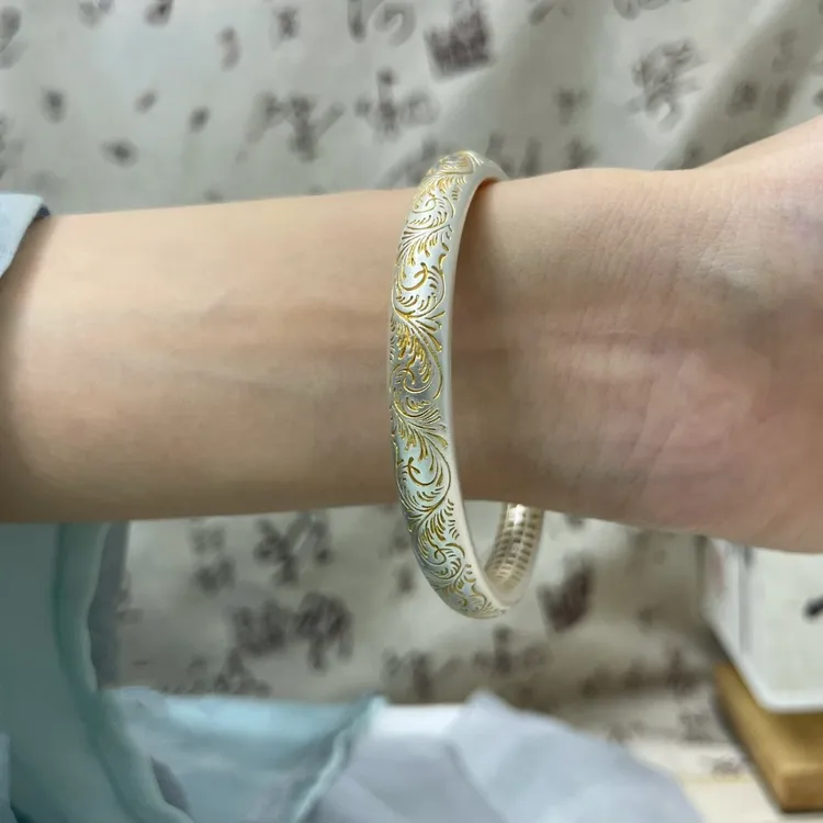 足银手镯 足银999描金唐草纹心经金纹颂银手镯女新中式国风银镯子