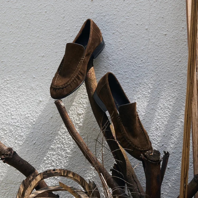 PrettyRiver牛反绒复古老钱风乐福鞋女一脚蹬低跟通勤单鞋女绿棕