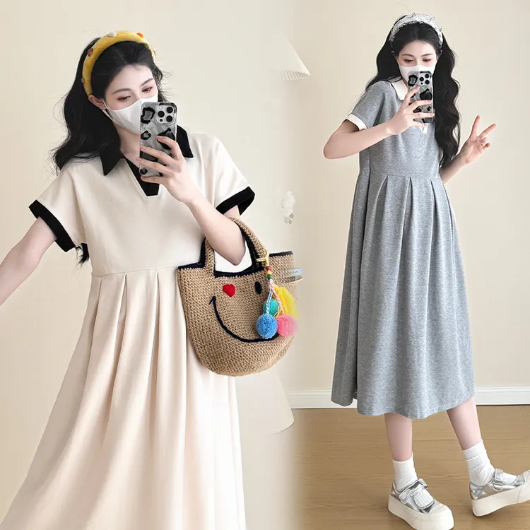 时髦孕妇装新款夏季大码宽松遮肚中长款显瘦款气质翻领拼色连衣裙