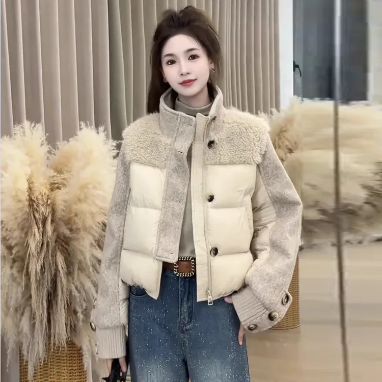 韩版立领拼接撞色短款加厚棉服女2025冬季新款时尚保暖棉衣外套潮