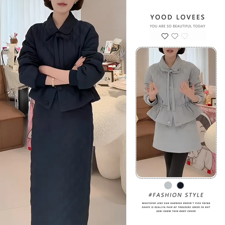 时尚套装女2025冬季新款时髦洋气蝴蝶结翻领棉衣外套半身裙两件套