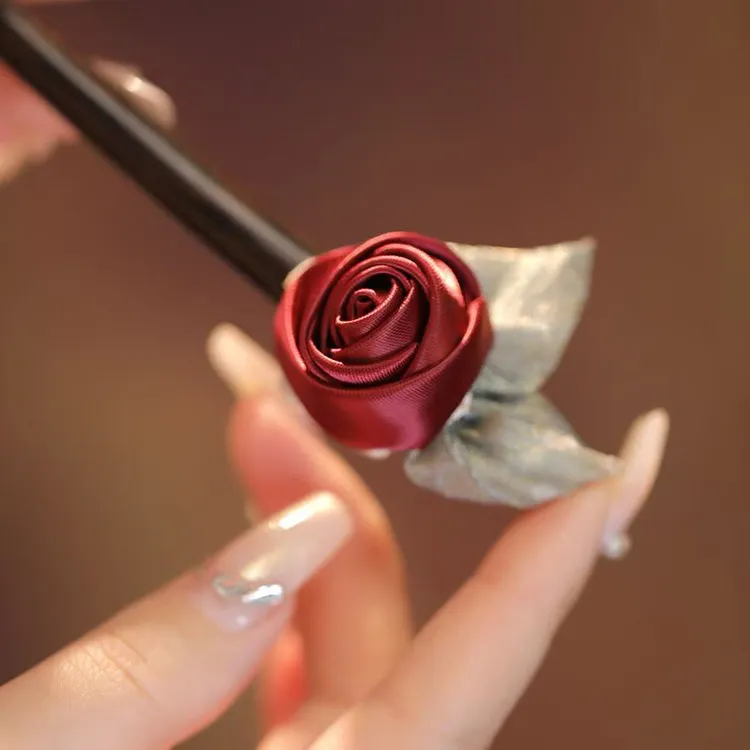 天然黑檀木发簪红色玫瑰发簪新年红色木簪子手工百搭简约盘发簪
