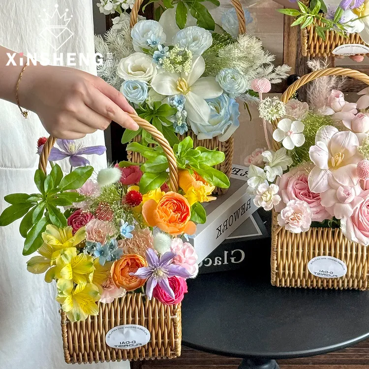 【教师节新品】芯苼 仿藤编织手提花篮 花店鲜花束创意包装插花篮