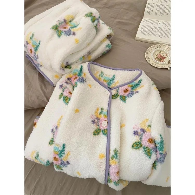 秋冬季法式复古法兰绒睡衣女款花卉印花开衫珊瑚绒家居服大码套装
