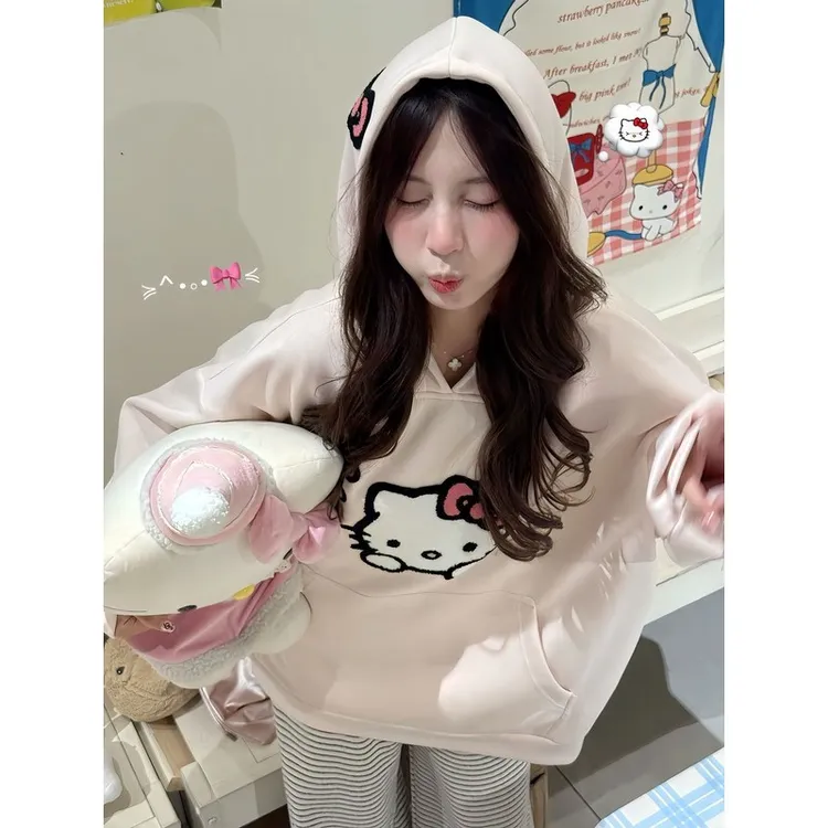 韩版粉色日系宽松刺绣卡通可爱学院风学生连帽kt猫少女百搭卫衣