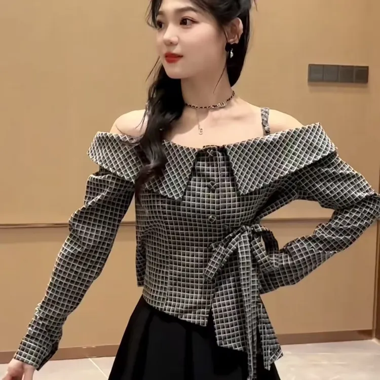 温柔风洋气甜美绑带收腰显瘦长袖荷叶边格子露肩衬衫+半身裙套装