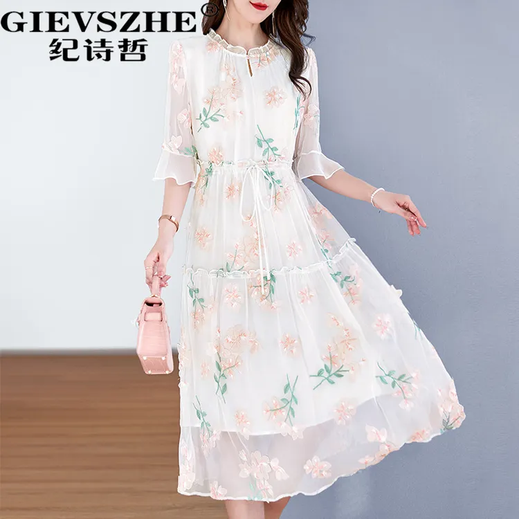 【100%桑蚕丝】纪诗哲后妈裙2025新款刺绣真丝连衣裙夏季绣花中长裙
