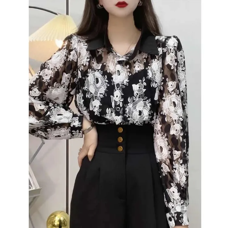 2025新款印花蕾丝衬衫女士翻领时尚洋气上衣小衫
