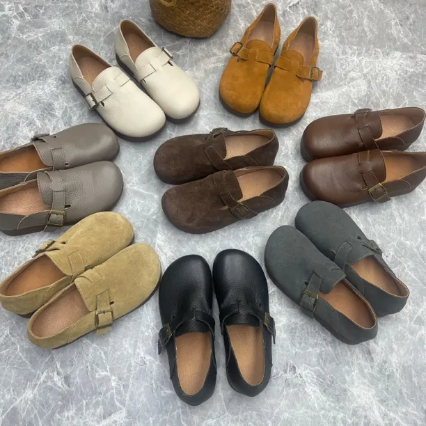 头层牛皮两穿真皮复古休闲鞋新款磨砂皮勃肯鞋平底懒人女平底女鞋