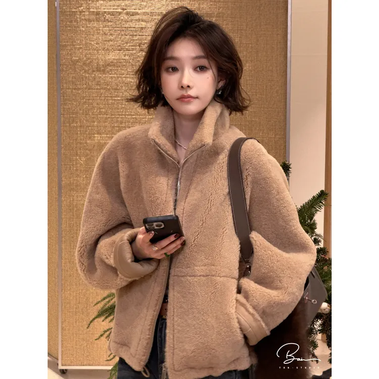 TXB 羊皮毛一体短卷毛立领颗粒毛拉链毛毛外套XB-7956