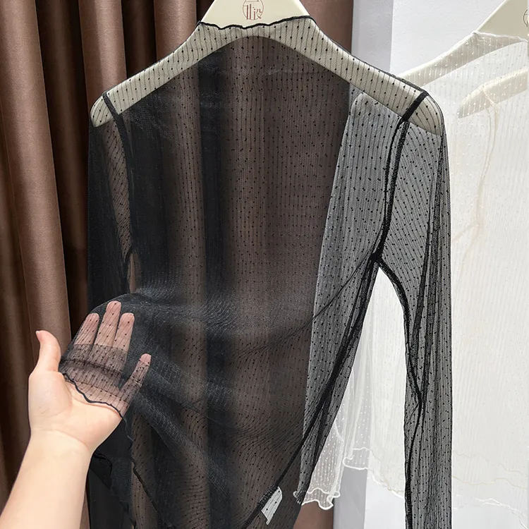 黑色纯欲风半高领网纱蕾丝衫女秋季新款性感透视内搭修身打底上衣