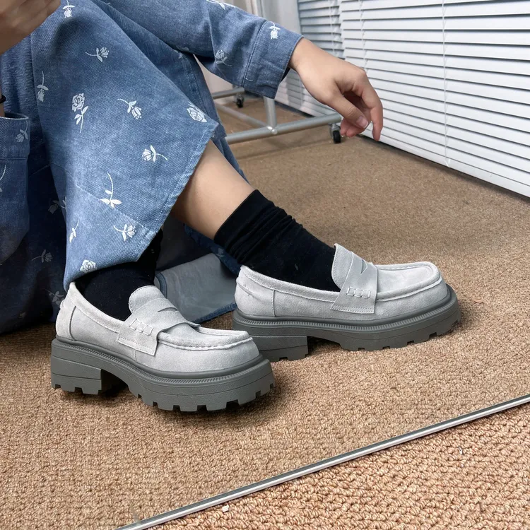 真皮方头乐福鞋女法式白色小皮鞋P110-1英伦风厚底单鞋百搭女鞋