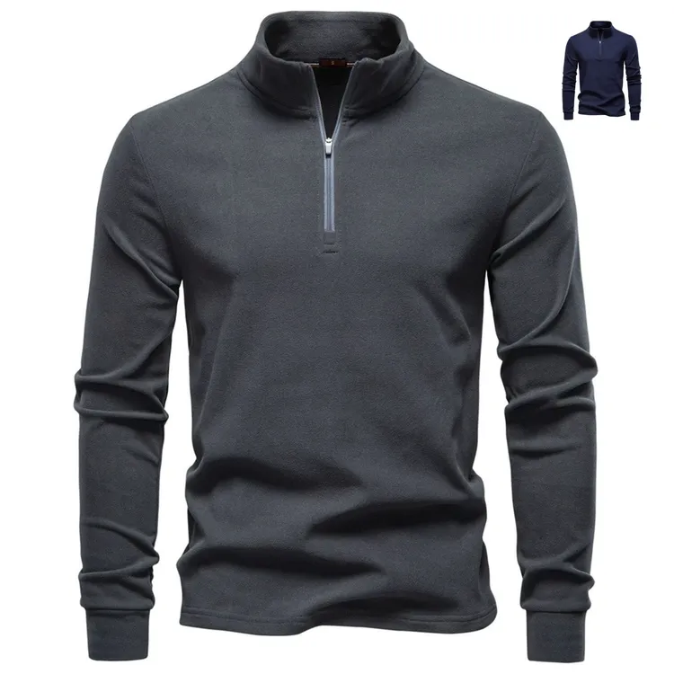 冬季半高领磨毛双面德绒卫衣男加绒保暖拉链打底衫t恤男纯色内搭