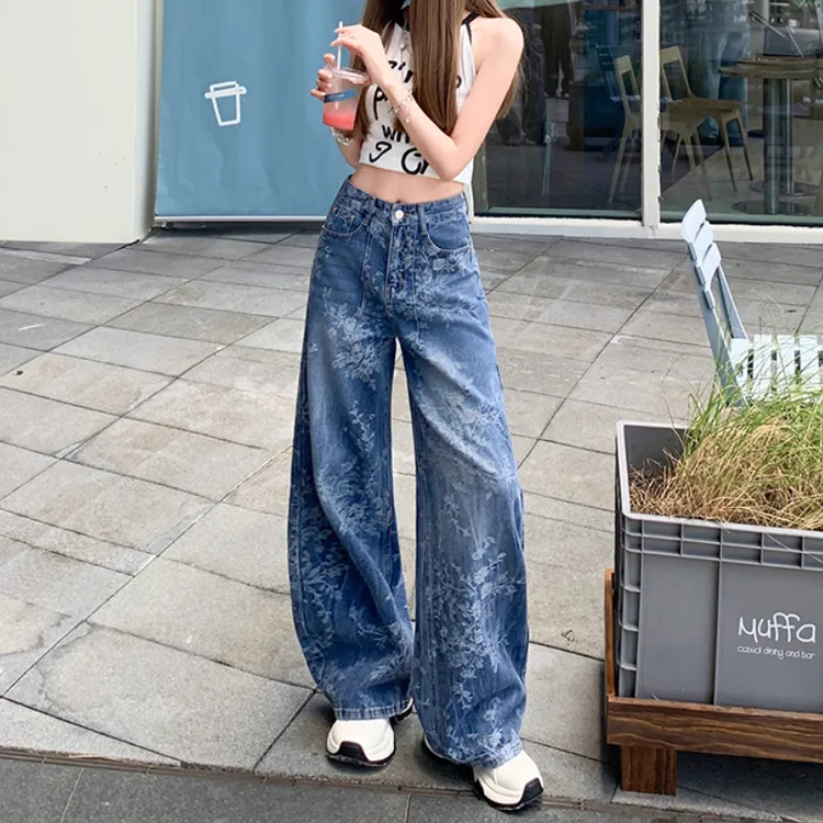 花青蓝提花阔腿牛仔裤女2025新款高腰显瘦宽松垂感梨形直筒长裤子