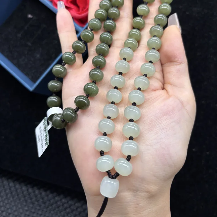 保真天然和田玉渐变湖水绿算盘珠10mm玉石挂件绳毛衣链长链百搭款