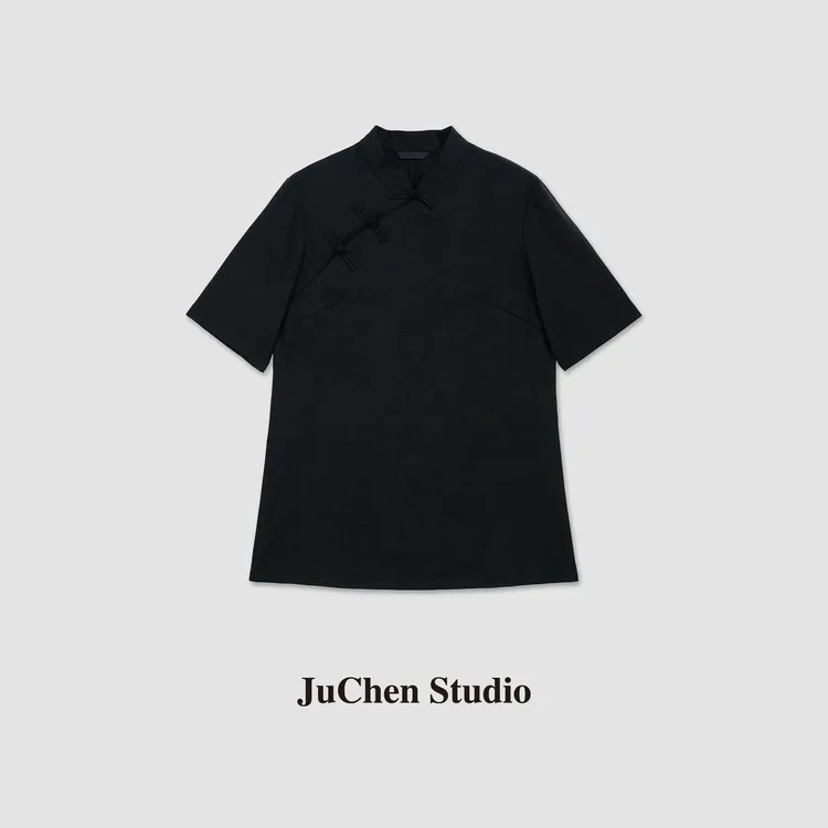 “水墨三渲”国风斜襟手工盘扣气质中式领短袖衬衫 SS054411