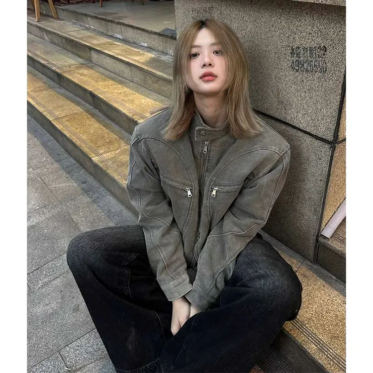 FAVMARTHA美式复古vintage水洗做旧牛仔外套男女春秋小众设计立领
