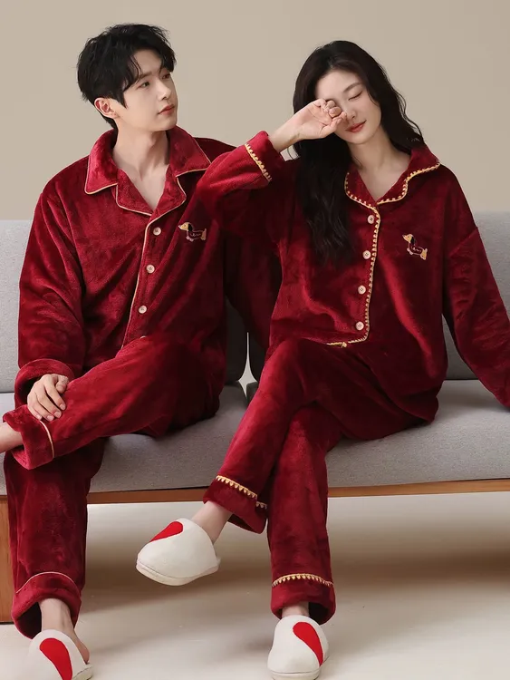 红色情侣睡衣冬季珊瑚绒加绒加厚2025新款法兰绒男女士喜庆家居服
