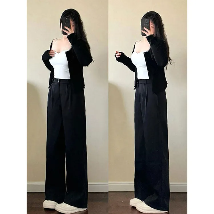 大码女装黑色直筒西装裤女秋冬加绒裤子胖mm显瘦休闲阔腿裤