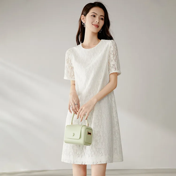 晚白【新品】2025春夏新裙子圆领蕾丝短袖连衣裙25010701