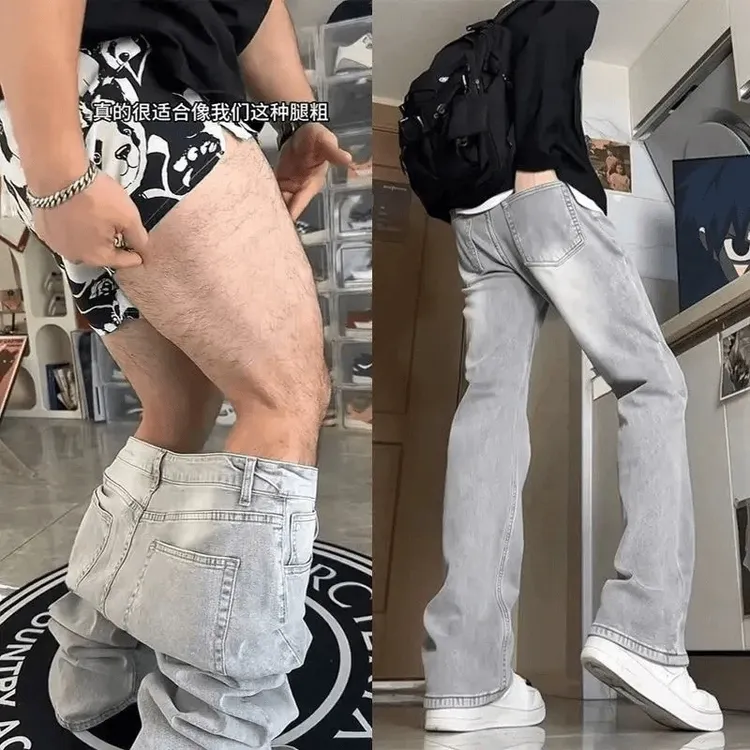 烟灰色弯刀牛仔裤胖男生腿粗屁股大修身显瘦裤子美式高街微喇叭裤