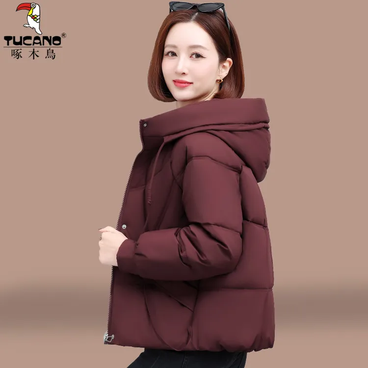 啄木鸟女士棉袄女款2025新款冬季妈妈装连帽短款棉衣保暖加厚外套