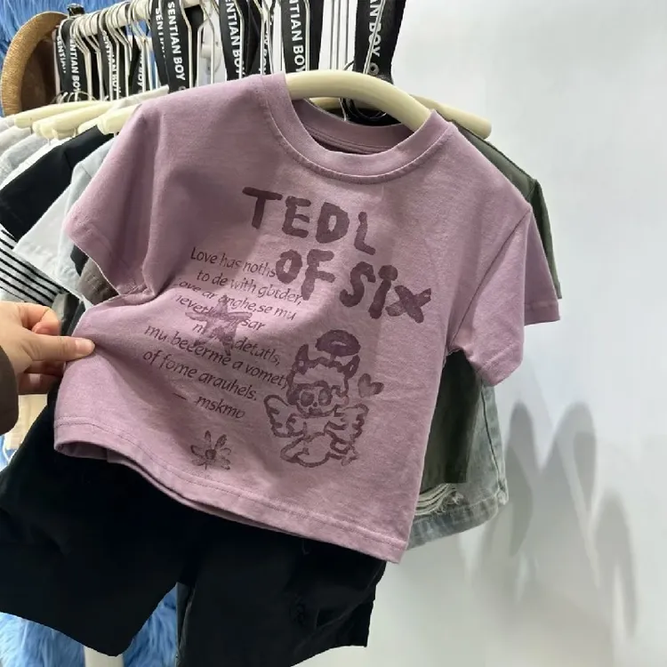 韩国童装卡通字母短袖T恤男女童夏季洋气潮酷印花圆领纯棉上衣潮