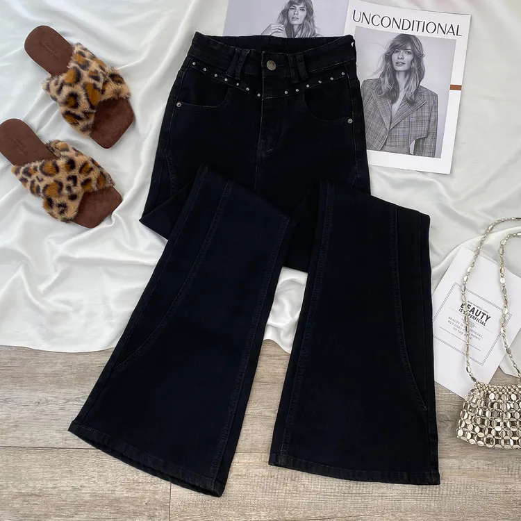巨好看黑色微喇叭牛仔裤女2025秋冬加绒新款高腰显瘦小个子马蹄裤