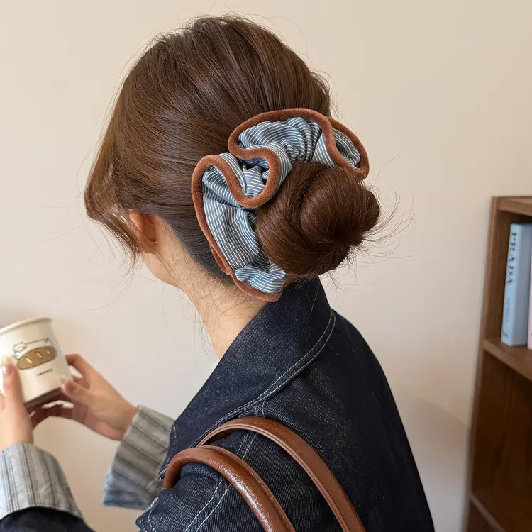 秋冬丝绒花边褶皱灰蓝色竖条纹大肠发圈韩系扎马尾丸子头发绳发饰
