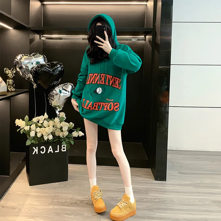 欧货2025秋冬新款时尚印花中长款宽松连帽绿色卫衣外套女ins超火