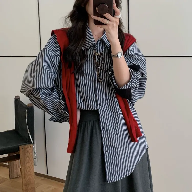 2025秋季新款黑白条纹衬衫女宽松韩版慵懒风通勤百搭上衣9183