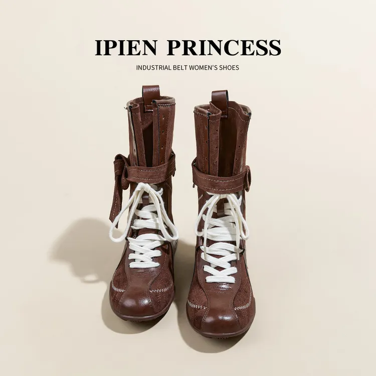 厚底内增高5cm美拉德复古拳击靴女2026春秋新款系带时尚中筒单靴