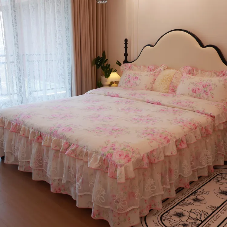 水星高端家纺床上四件套韩式公主风春夏床品被套床单床裙款全棉纯