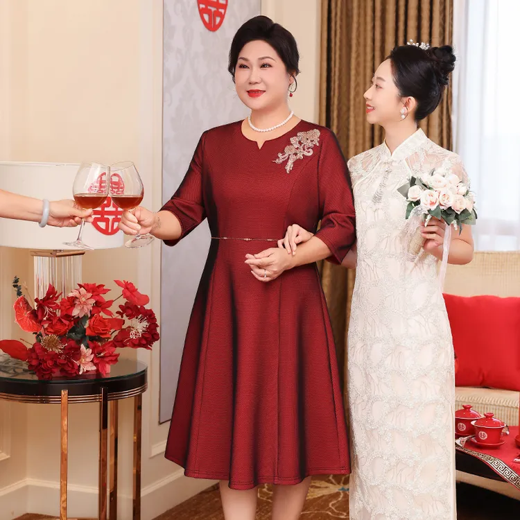 十月结婚喜婆婆装连衣裙子喜妈妈婚宴装礼服订婚喜服七分袖敬酒服