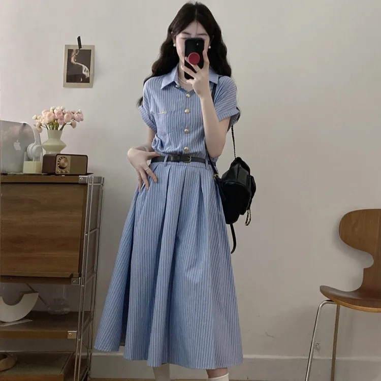 韩系学院风衬衫连衣裙子女装独特漂亮掐腰裙夏季2025新款收腰长裙